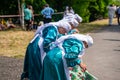 Kazan, Russia, June 26 2021. The Tatar ethnic holiday Sabantui, end of field works. Traditional Tatar costume with