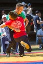 KAZAN, RUSSIA - JUNE 23, 2018: Traditional Tatar festival Sabantuy - Two male teenagers fighting in folk wrestling Royalty Free Stock Photo