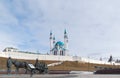 Kazan, Russia - March 28.2017. Monument to benefactor against backdrop of Kazan Kremlin. Russia, Republic of Tatarstan