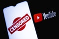 The photo illustrates the use of censorship in the online video platform Youtube. Censored in Youtube.