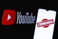 The photo illustrates the use of censorship in the online video platform Youtube. Censored in Youtube.