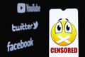 The photo illustrates the use of censorship in the popular social media Youtube, Twitter and Facebook. Censored in social network. Royalty Free Stock Photo