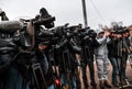 Kazan, Russia. 08 November 2021. Group of video operators with professional photo cameras