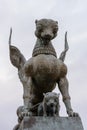 The sculpture female of winged snow leopard Ak Bars, Aq Bars with cubs, the symbol of Tatarstan near the Kazan wedding palace in