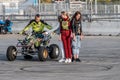 KAZAN, RUSSIA-SEPTEMBER 26, 2020: An ATV driver performs a circular drift around the spectators celebrating the closing of the