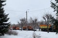 Kazan, Russia- 12.20.2021 Snowblowers on winter city streets. Snow removal work during snowfall