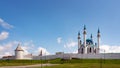 Kazan, Tatarstan, Russia, June 1, 2023. The Kremlin wall of the Kazan Kremlin . View of the Kul-Sharif Mosque and the