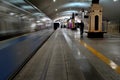 Kazan, Tatarstan, Russia - June 21, 2021: Panoramic view of the Kremlin metro station and the departing train.