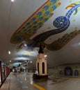 Kazan, Tatarstan, Russia - June 21, 2021: Panoramic view of the Kremlin metro station and the stunning mosaic on the ceiling.