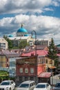 Kazan, Tatarstan, Russia. June 1, 2023. View of Kazan street near the Kazan Kremlin. The dome of the Kazan Cathedral can