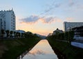 Kazan, Tatarstan, Russia - May 27, 2019: Evening view of the Bulak canal and sunset reflected in its surface.