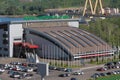 Kazan, Tatarstan, Russia - May 26, 2018: Palace of single combats `Ak Bars` and automobile bridge