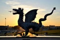 View of the silhouette of the Kazan symbol - Zilant's dragon against the backdrop of the sunset.