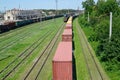Kazatin, Ukraine. Cargo compositions at railway station Royalty Free Stock Photo