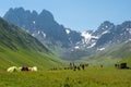 Juta valley near Caucasus mountain. a famous landscape in Kazbegi, Mtskheta-Mtianeti, Georgia