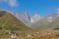 Kazbegi - A panoramic view on the sharp Chaukhi massif in the Greater Caucasus Mountain Range in Georgia. Royalty Free Stock Photo