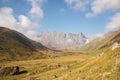 Kazbegi - A panoramic view on the sharp Chaukhi massif in the Greater Caucasus Mountain Range in Georgia. Royalty Free Stock Photo