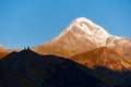 Kazbek Mount panorama with Gergeti Christian church Royalty Free Stock Photo