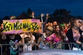 Kazimierz Dolny, Poland - July 8, 2016: Audience crowd with huge banner during concert at Kazimiernikejszyn festival
