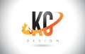 KC K C Letter Logo with Fire Flames Design and Orange Swoosh.