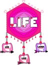 Hand drawn life lettering card using heart brushes on pink gradient background