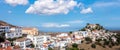 Kea island, Greece. Ioulis town panorama aerial view. Tzia Chora cityscape, blue cloudy sky Royalty Free Stock Photo