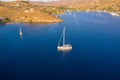 Kea Tzia island, Cyclades, Greece. Aerial drone photo of the bay at sunset time