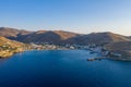Kea Tzia island, Cyclades, Greece. Aerial drone photo of the port at sunset time Royalty Free Stock Photo
