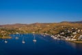 Kea Tzia island, Cyclades, Greece. Aerial drone photo of the bay at sunset time