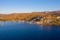 Kea Tzia island, Cyclades, Greece. Aerial drone photo of the bay at sunset time