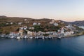 Kea Tzia island, Cyclades, Greece. Aerial drone photo of the bay at sunset time