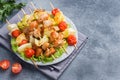 Kebab chicken, zucchini and tomatoes on skewers in a plate. Dark table Copy space Royalty Free Stock Photo