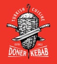 Kebab, grilled meat poster vector. Turkish and Arabic fast food restaurant or grill cafe emblem Royalty Free Stock Photo