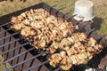 Kebab grilling on metal skewers. Meat on the grill. Close up