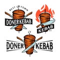 Kebab logo. Turkish food restaurant, barbecue or grill bar, shawarma emblem. Rotating spit with grilled meat symbol