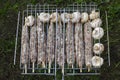 kebab of meat on skewers close-up, grilled mushrooms, meat on the grill