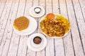 Kebab menu on plate with roast chicken meat with fried potatoes, salad with tomato and fresh lettuce with onion. Grilled pita Royalty Free Stock Photo