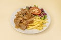 Kebab plate with spiced roast lamb slices, fried potatoes and oak salad and tomato slices in a restaurant doner keba Royalty Free Stock Photo