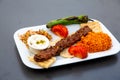 Kebab with rice and vegetables is on a plate Royalty Free Stock Photo