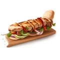 kebab, shashlik, grilled on a skewer, food meat, hand drawn illustration realistic. Cute and funny meat and vegetable.