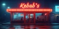 Kebab shop neon sign set at night in a wet street scene