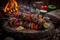 Kebab Skewers On Bbq Fire Background And Wooden Plate - Generative AI