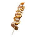 Kebab with squid on stick icon isolated on white background, spicy tasty seafood snack, vector illustration.