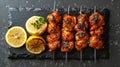 Kebabs - grilled meat skewers, shish kebab with vegetables on black slate background Royalty Free Stock Photo