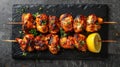 Kebabs - grilled meat skewers, shish kebab with vegetables on black slate background Royalty Free Stock Photo