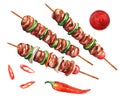 Kebabs - grilled meat skewers and vegetables. Watercolor illustration Royalty Free Stock Photo