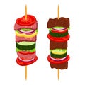 Kebabs on skewers, roasted meat - lamb, pork. Cartoon flat style. Royalty Free Stock Photo