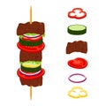 Kebabs on skewers, roasted meat - lamb, pork. Cartoon flat style. Royalty Free Stock Photo