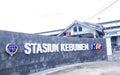 Kebumen train station sign building mark outside in the morning