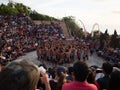 Kecak fire dance art performance show, traditional spiritual culture Ramayana ceremony at Uluwatu Temple Bali Indonesia